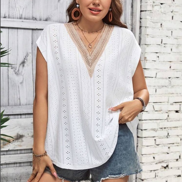 Plus Size Sheer Lace Eyelet Embroidery Dolman Sleeve Tee Shirt Top Blouse White - Picture 6 of 6